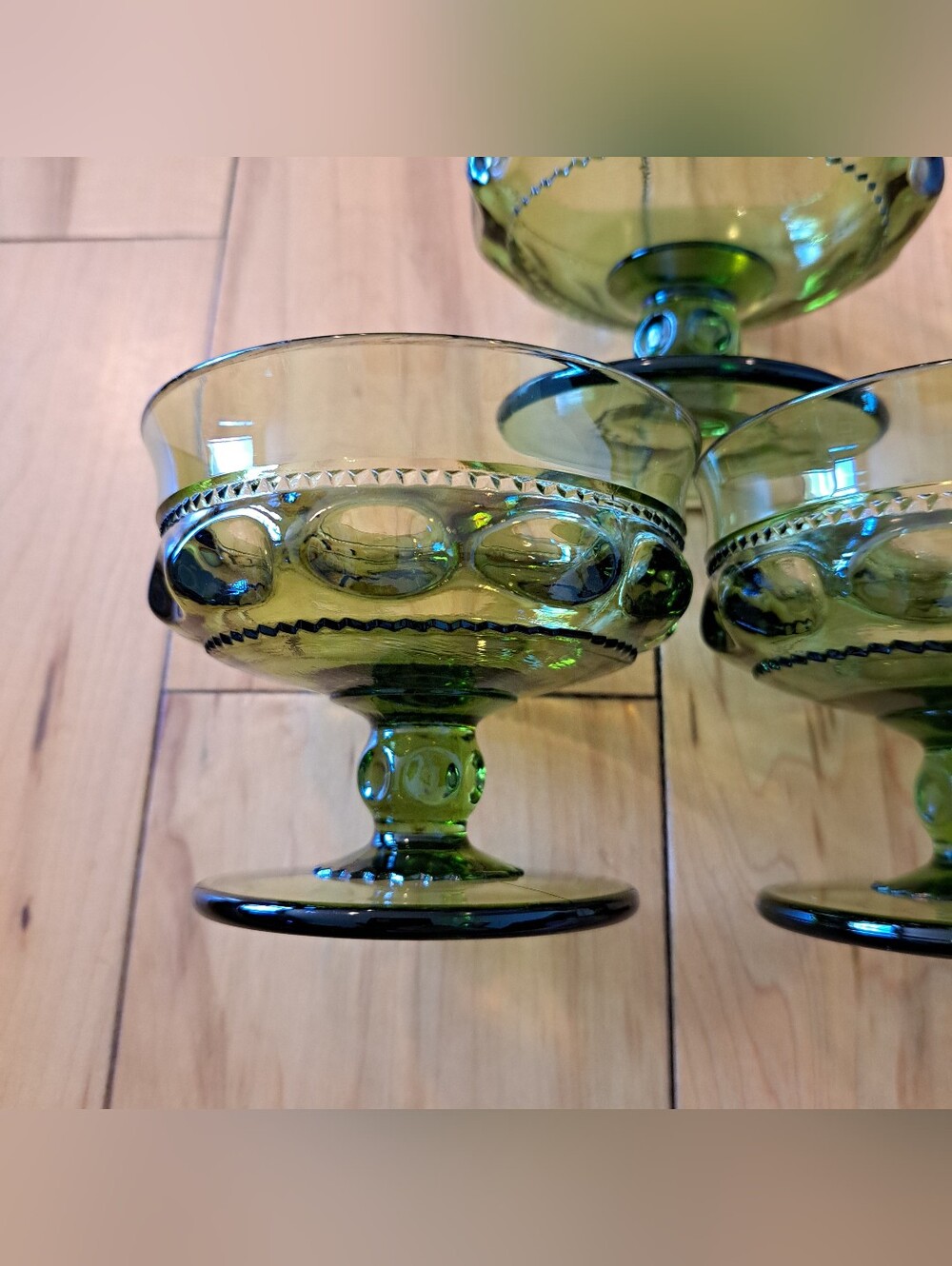 Set of 3 INDIANA GLASS KINGS Crown Olive Green Thumbprint Sherbet Dessert Dish - Picture 4 of 8